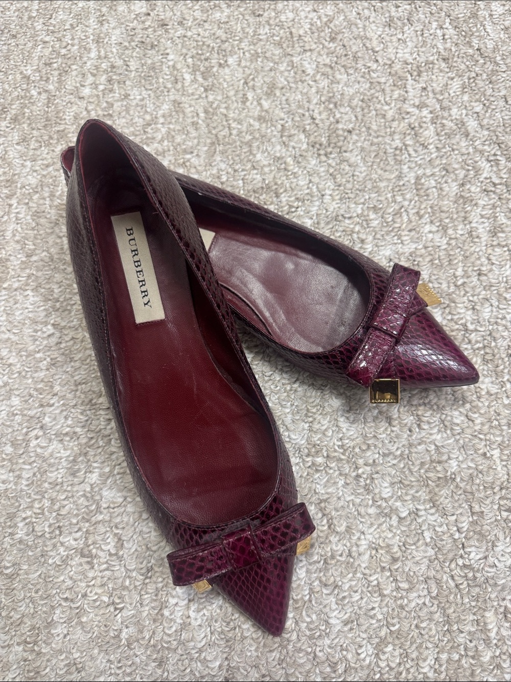 Burberry Wine Pointed-Toe Bow Flats with Gold Accents